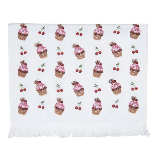 Bílý kuchyňský froté ručník s dortíčky Cherry Cupcake - 40*66 cm Clayre & Eef