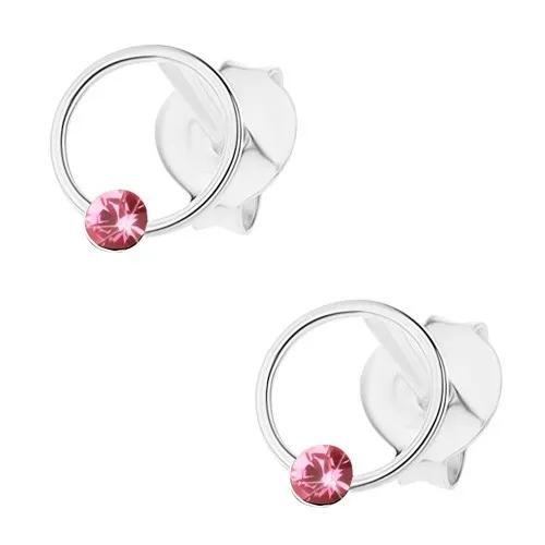 Puzetové náušnice, stříbro 925, tenký kroužek s růžovým krystalkem Swarovski