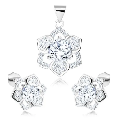 Stříbrný set 925, přívěsek a náušnice, blyštivý kvítek, čirý zirkon