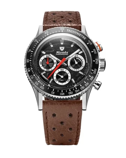 Nivada Grenchen Chronoking Mecaquartz Racing Black - Inter. Bezel - Brown Racing Strap
