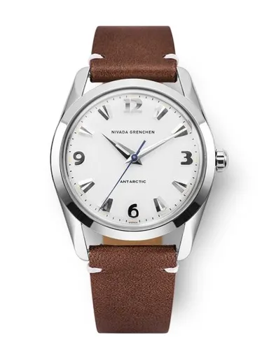 Nivada Grenchen Antarctic 35 mm - White Luminova - Brown Leather White Stitching