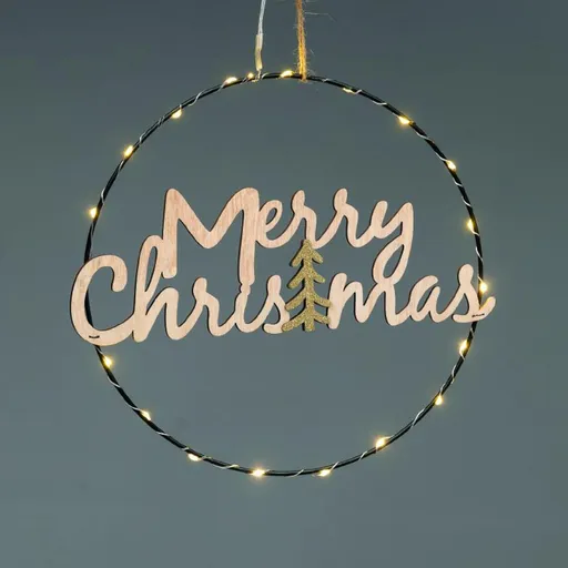 ACA Lighting Vánoční závěsná dekorace kruh MERRY CHRISTMAS 20 MINI LED teplá bílá na baterie 2xCR2032 (součástí) IP20 průměr 26cm napájecí kabel 30cm X062019260