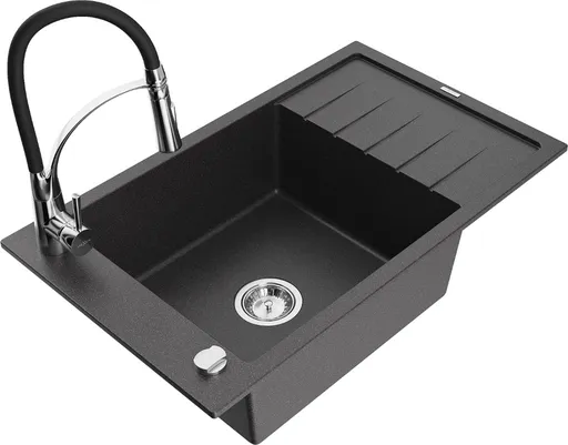 MEXEN/S Elias granitový dřez 1 s odkapávačem včetně baterie Aster, černá kropenatá 6511-76-73450-07