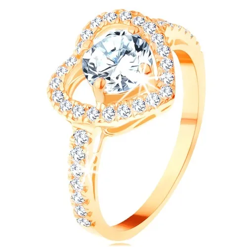 Prsten ve žlutém 14K zlatě - velký blýskavý obrys srdce s kulatým zirkonem - Velikost: 60