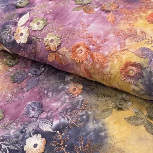 Bavlněná látka TIE DYE EMBROIDERY Poppy design E