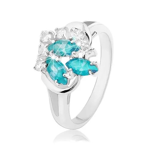 Blýskavý prsten s rozdvojenými rameny, světle modrá zrnka, čiré zirkonky - Velikost: 48