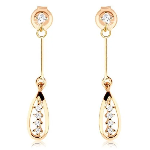 Zlaté náušnice 14K se zirkony a otevřenou slzou na tenké tyčince