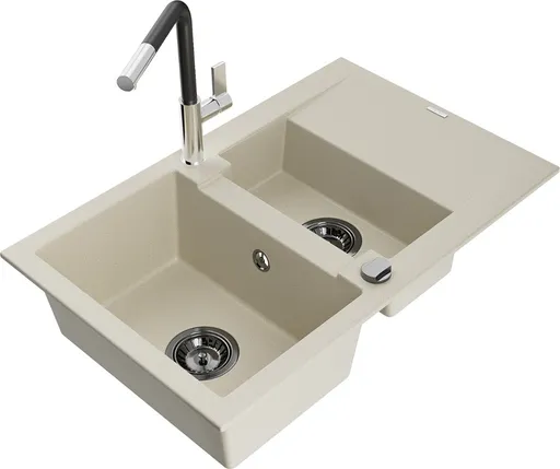 MEXEN/S Gaspar granitový dřez 1.5 s odkapávačem včetně baterie Flora, béžová 6507-69-670401-07-B