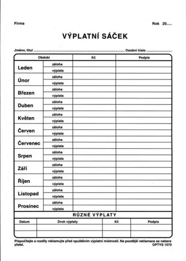 Tiskopis Výplatní sáček 16,2x23cm OPTYS