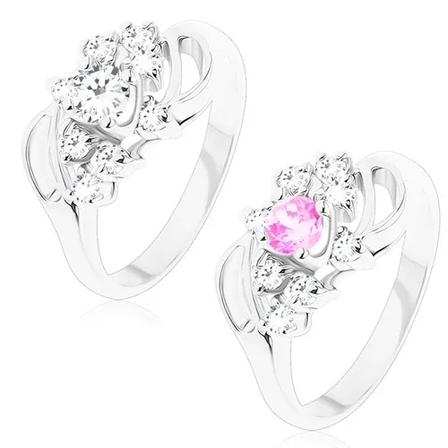 Lesklý prsten s ohnutými rameny se zářezem, kulatý střed, čiré zirkonky - Velikost: 49, Barva: Čirá