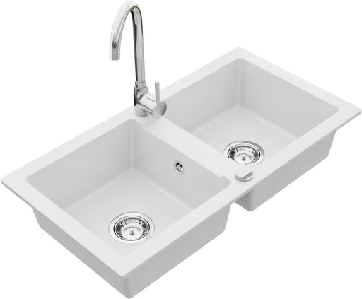 MEXEN/S Mario granitový dřez 2-bowl včetně baterie Telma, bílá 6504-20-670200-00