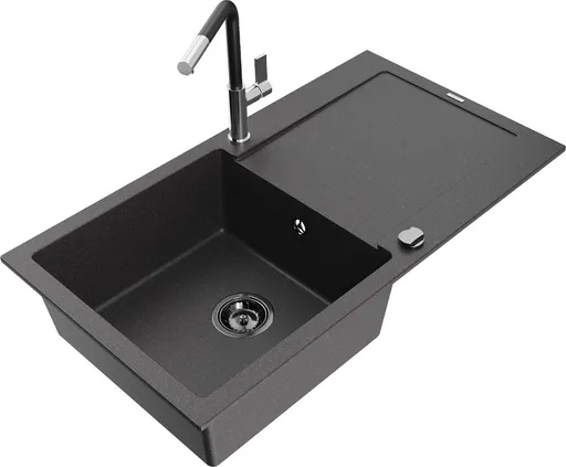 MEXEN/S Leo granitový dřez 1 s odkapávačem včetně baterie Flora, černá kropenatá 6501-76-670401-07-B