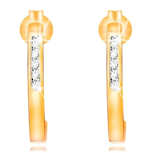 Náušnice ze žlutého 14K zlata - lesklý hladký půlkruh s čirými zirkony