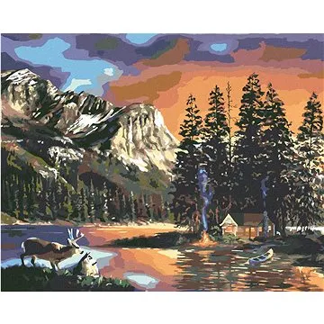 Zuty - Malování podle čísel - CHATA, JEZERO, JELEN A HORY (D. RUSTY RUST), 80x100 cm, vypnuté plátno (HRAmmb03409nad)