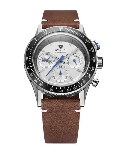 Nivada Grenchen Chronoking Mecaquartz Racing Grey - Inter. Bezel - Brown Leather White Stitching