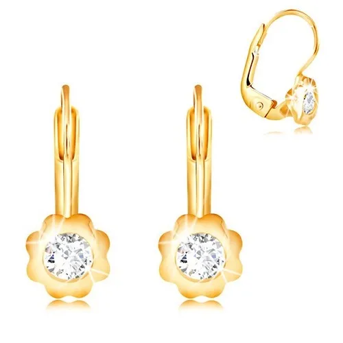 Náušnice ze žlutého 14K zlata - kvítek s hladkými lupínky a zirkonem
