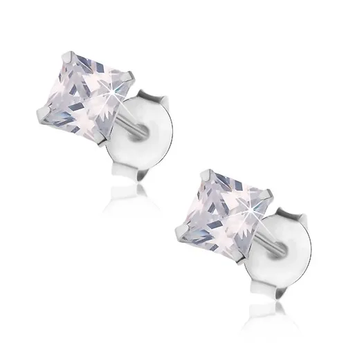 Puzetové náušnice, stříbro 925, čirý zirkonový čtvereček, 4 mm
