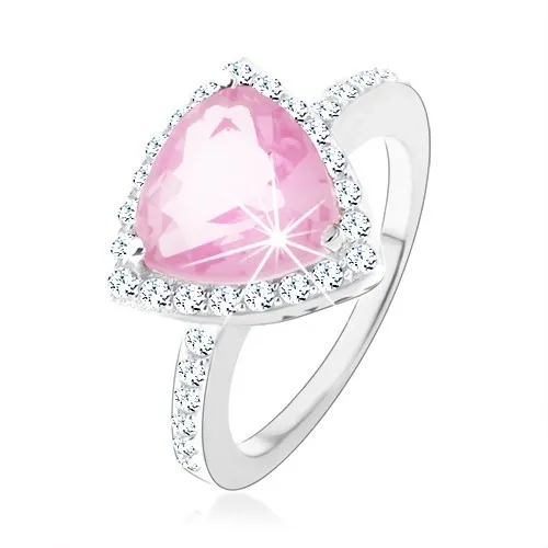 Stříbrný 925 prsten, trojúhelníkový růžový zirkon, blýskavý čirý lem - Velikost: 54