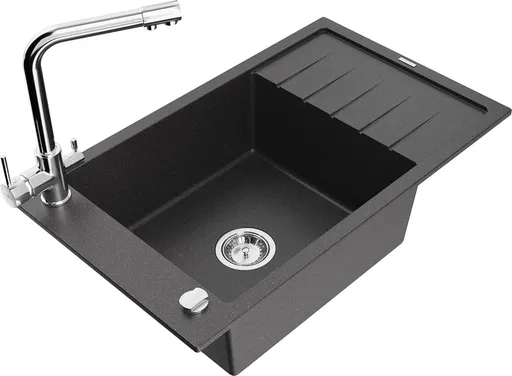 MEXEN/S Elias granitový dřez 1-miska včetně baterie Duero, černá kropenatá 6511-76-671600-00