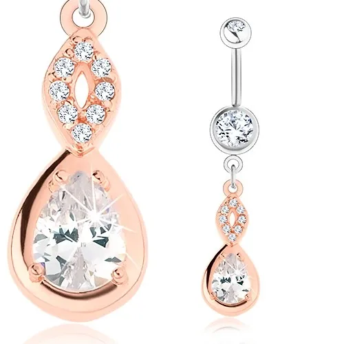 Piercing z oceli 316L, stříbrná a měděná barva, obrys zrnka, slza, čiré zirkony