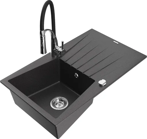 MEXEN/S Cesar granitový dřez s odkapávačem včetně baterie Aster, černá kropenatá 6514-76-73450-07