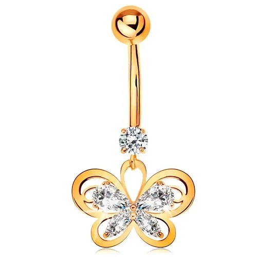 Piercing do pupíku ze žlutého 14K zlata - kontura motýla s čirými zirkony