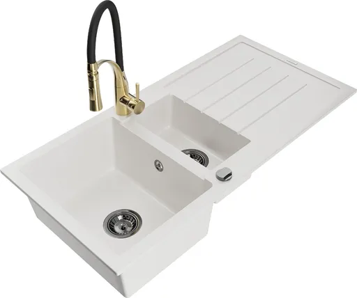 MEXEN/S Andres granitový dřez s odkapávačem včetně baterie Aster, bílá 6515-20-73450-57-B