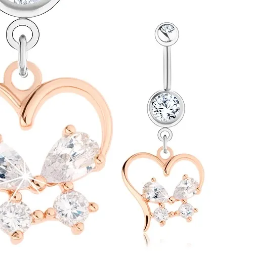 Ocelový piercing, stříbrný a zlatý odstín, obrys srdce, zirkonový motýlek