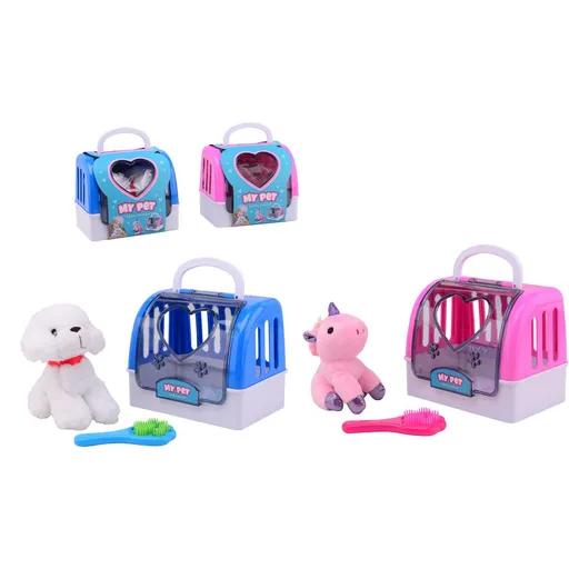 Plyšový pejsek-jednorožec v přepravce