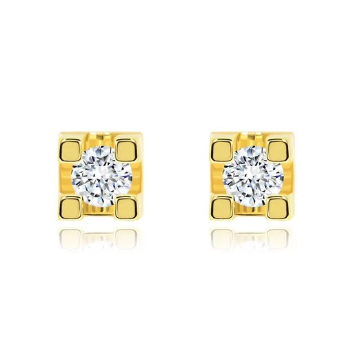Náušnice ve žlutém 14K zlatě - kulatý čirý zirkon v hranatém kotlíku, 2 mm