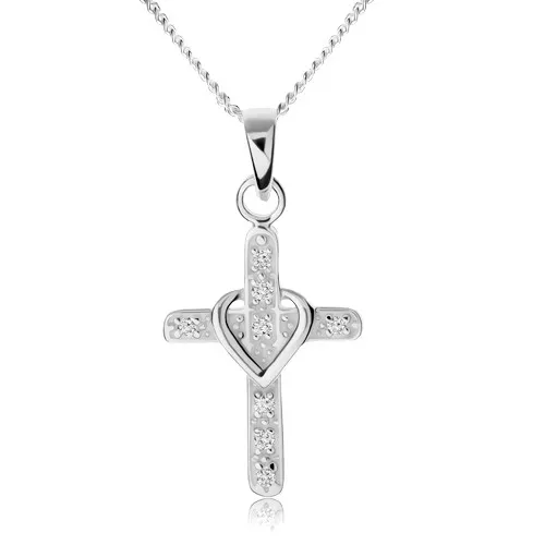 Náhrdelník ze stříbra 925, kříž zdobený zirkony, obrys srdíčka