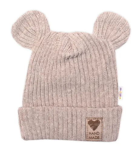 Baby Nellys Pletená bavlněná čepice s oušky, dvouvrstvá, Hand Made  béžová