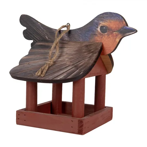 Hnědé dřevěné závěsné krmítko pro ptáčky s dekorem červenky - 17*25*21 cm Clayre & Eef