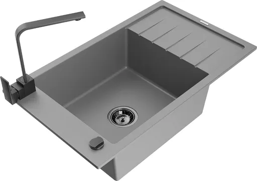 MEXEN/S Elias granitový dřez 1-miska s odkapávačem včetně baterie Rita, šedý 6511-71-670300-70-B