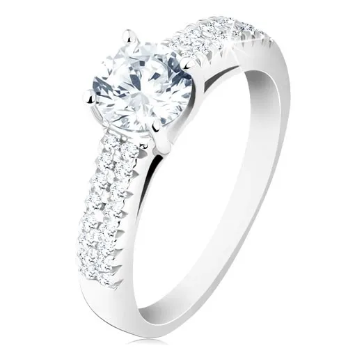 Stříbrný prsten 925 - zásnubní, čirý kulatý zirkon, zdobená ramena - Velikost: 49