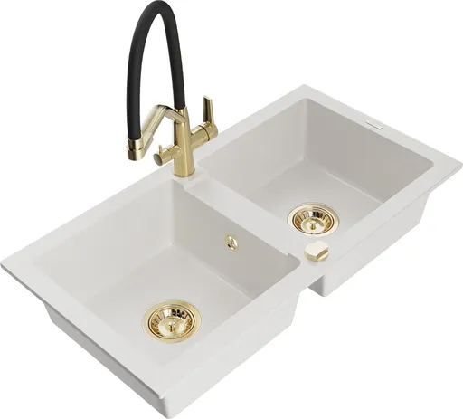 MEXEN/S Mario granitový dřez 2-bowly včetně baterie Duo, bílá 6504-20-671701-57-G