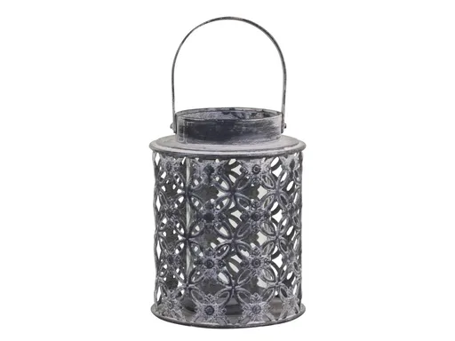 Šedá plechová antik lucerna s květy Ornion - Ø14*18cm Chic Antique