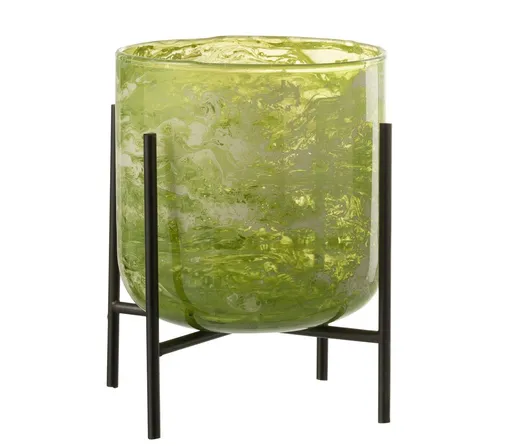 Zelený mramorovaný skleněný svícen na kovovém podstavci - Ø 14*19cm J-Line by Jolipa