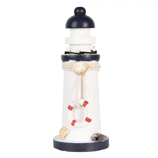 Bílo-modrá dřevěná dekorace maják Lighthouse Nautic - Ø 6*15 cm Clayre & Eef