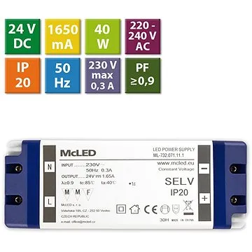 McLED Napájecí zdroj 40W, DC24V/1,65A, IP20, plastové provedení se svorkovnicí (ML-732.071.11.1)