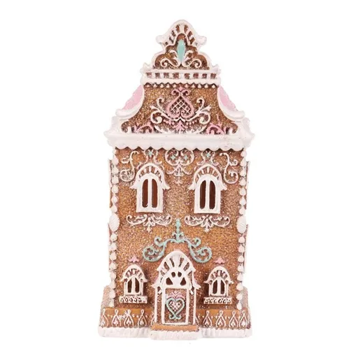 Vánoční dekorace Perníková věžička s růžovou střechou, polyresin, LED, hnědá