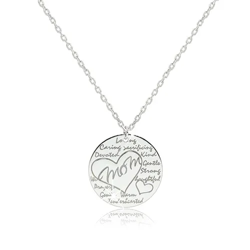 Rhodiovaný stříbrný náhrdelník 925 - lesklý kroužek s nápisem "Mom" v kontuře srdce