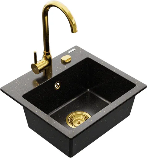 MEXEN/S Milo granitový dřez 1-miska včetně baterie Telma, černá/zlatý 6505-75-670200-50