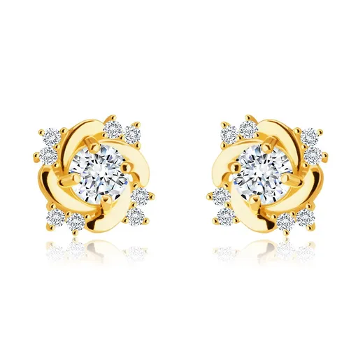 Puzetové 14K náušnice - třpytivý kulatý čirý zirkon, zatočená ramena
