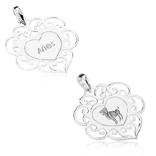 Stříbrný 925 přívěsek, znamení zvěrokruhu BERAN, ploché srdíčko, ornamenty