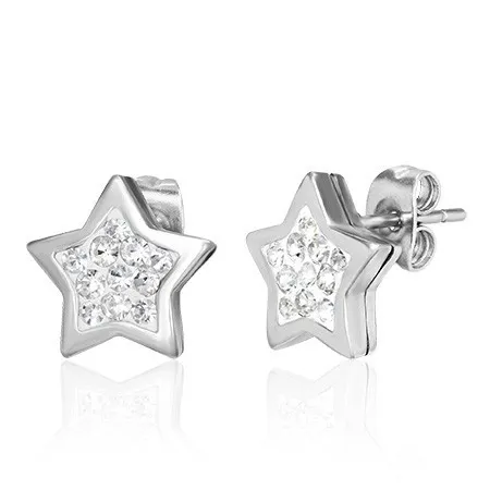 Ocelové náušnice stříbrné barvy, hvězda zdobená čirými zirkony