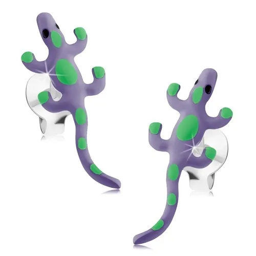 Stříbrné náušnice 925, světle fialové ještěrky se zelenými skvrnami, glazura