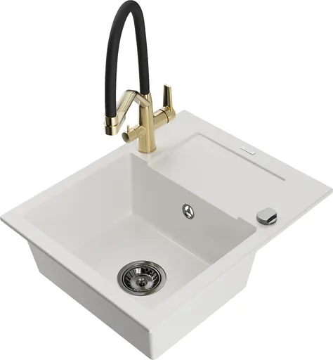 MEXEN/S Enzo granitový dřez s odkapávačem včetně baterie Duo, bílá 6506-20-671701-57-B