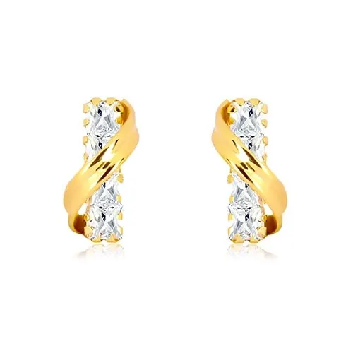 Náušnice ve žlutém 14K zlatě - šikmý oblouk a rovný zirkonový proužek čiré barvy