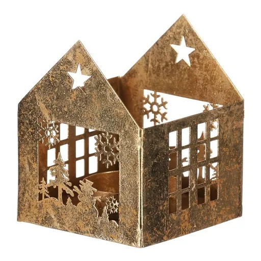 Kovový svícen Domeček, zlatá, 8 x 8 x 10 cm